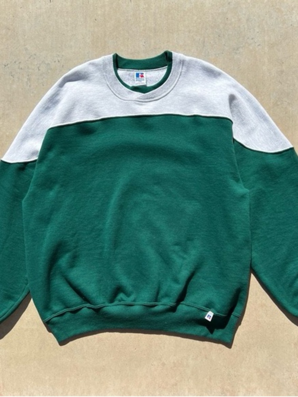 Russell Athletic Vintage 1990s Green and Gray Colorblock Crewneck Pullover